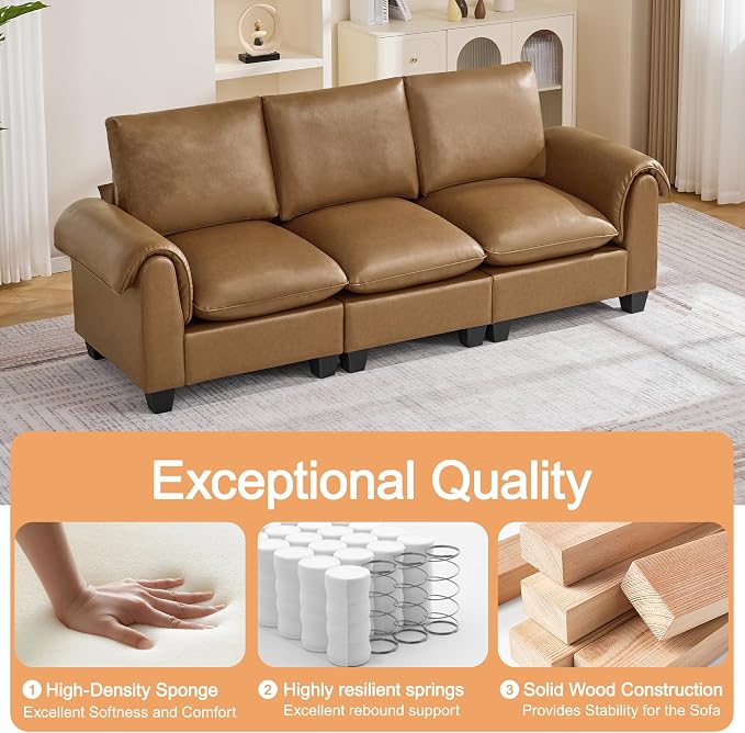 96" Faux Leather Modular Sectional Upholstered Sofa, Oversized 3 Seater Couch with Curved Armrests, Cloud Modern Upholstered Deep Seat Sofa for Living Room, Light Brown