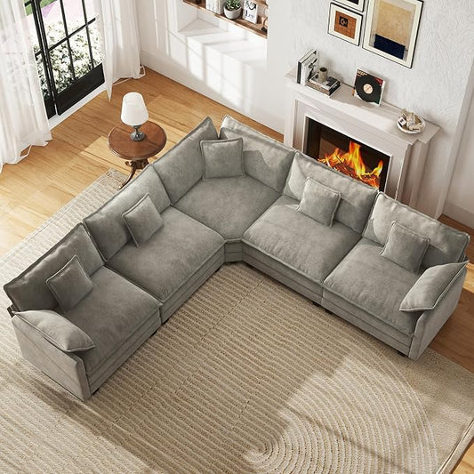 WorthFurni 114” Oversized Modular Sectional Sofa, 5-Seater V Shaped Cloud Couch Set, Comfy Chenille Deep Seat Sofa with 5 Throw Pillows, DIY Combination for Living Room (Gray)