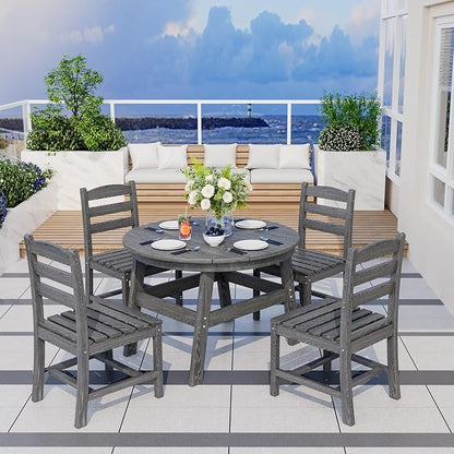 Pamapic 5 PCS Round Outdoor Dining Set, HDPE Outdoor Table and Chairs with 105° Ergonomic Backrest, Wood Grain Patio Dining Table with Umbrella Hole, Gray