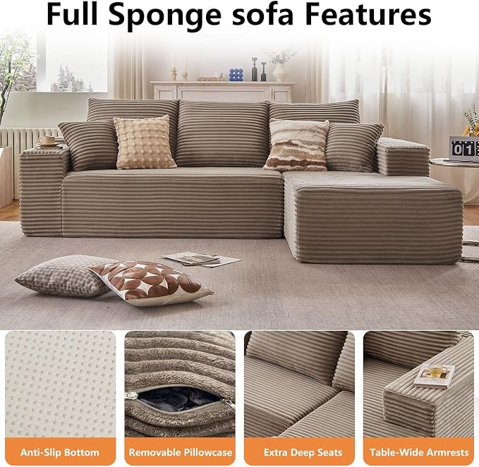 96" Modular Sectional Sofa, Modern Corduroy Cloud Couch with Deep Seat, Boneless Couch Upholstered 3-Seater L-Shaped Sofa for Living Room, No Assembly Required (Camel, Right-Facing Chaise)