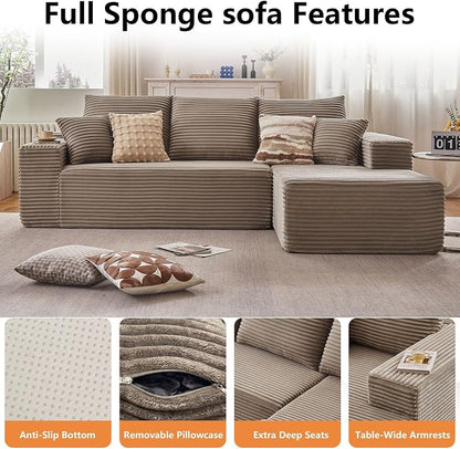 96" Modular Sectional Sofa, Modern Corduroy Cloud Couch with Deep Seat, Boneless Couch Upholstered 3-Seater L-Shaped Sofa for Living Room, No Assembly Required (Camel, Right-Facing Chaise)