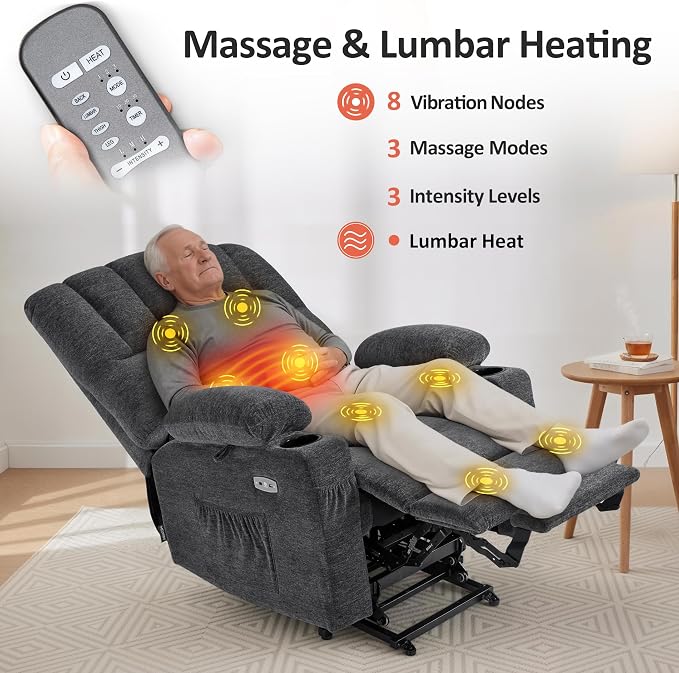 MCombo Power Lift Recliner Chair for Elderly, Lift Chair with Heat and Massage, USB &Type C Ports, Cup Holders, Fabric 7095 (Medium, Dark Grey)