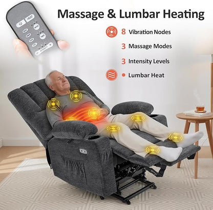 MCombo Power Lift Recliner Chair for Elderly, Lift Chair with Heat and Massage, USB &Type C Ports, Cup Holders, Fabric 7095 (Medium, Dark Grey)