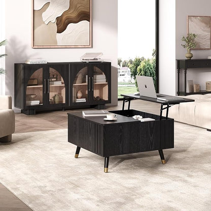 Lift Top Coffee Table with Storage, 32" Black Center Table for Living Room, Square Dinning Table with Solid Wood Legs