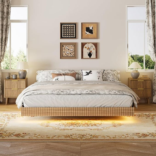 LYNSOM 3 Pieces King Bedroom Set, Floating Bed Frame with Smart LED Lights & Nightstand Set of 2, Fluted Bedroom Furniture Set for Home, Bedroom, Walnut