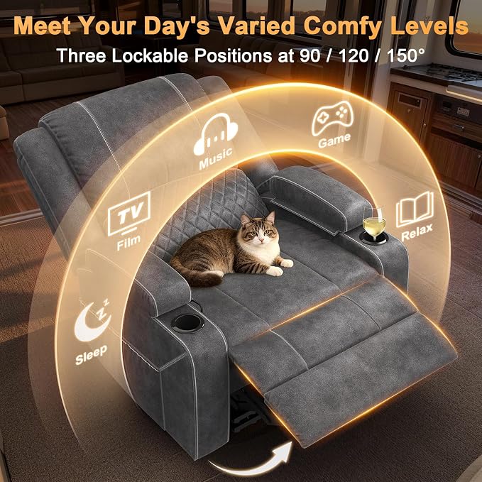 Oversized Manual Recliner Chair, 3X Recliner Home Theater Seating, RV Recliner Single Sofa with Storage, Cup Holder & Side Pocket, Reclining Chair for RV, Home Theater & Living Room (Velvet,Grey)