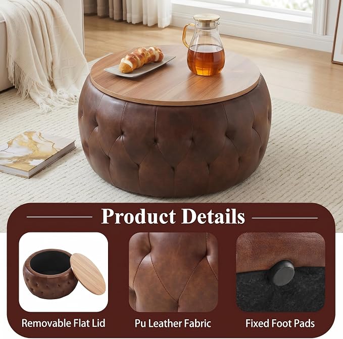Round Storage Ottoman Coffee Table with Wooden Tabletop, 25 Inches Leather Ottoman for Living Room, Bedroom, Apartments (Brown)