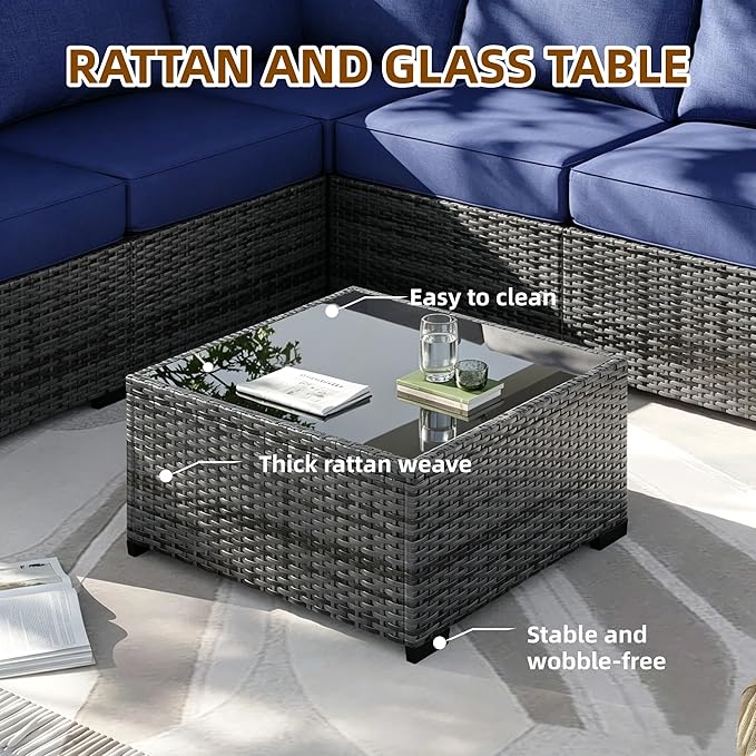 MOCHITO 5 Pieces Outdoor Patio Furniture Sets, All-Weather Sectional Sofa Grey PE Rattan Wicker Conversation Set with Glass Table and Washable Blue Cushions for Backyard,Sunroom,Garden,Porch