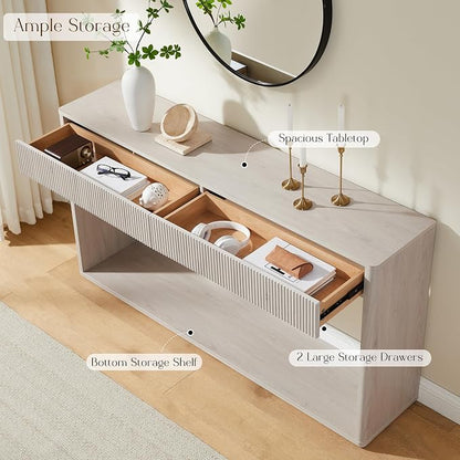 OKD 63" Fluted Console Table for Entryway, Modern Entryway Table with 2 Large Drawers, Long Sofa Table Behind Couch for Living Room, Hallway, Couch, Foyer，Alder White