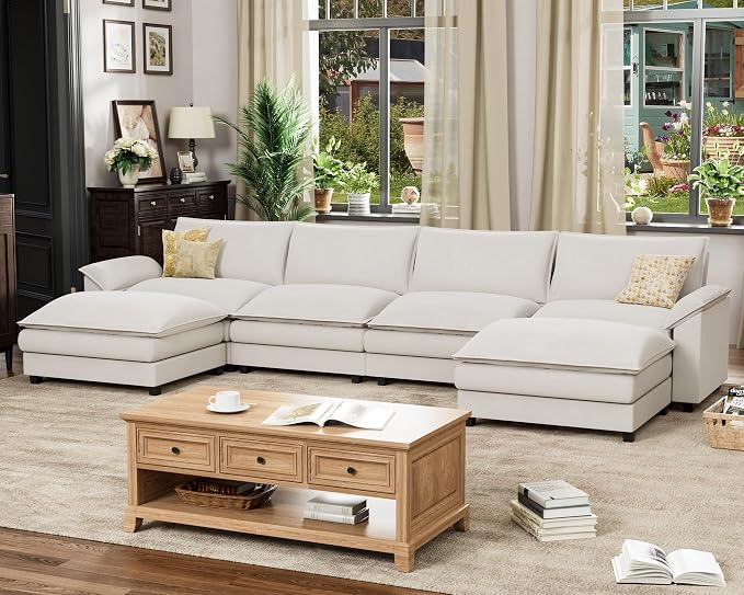 Homall 159" Modular Sectional Sofa, U Shaped Sofa Couch with Reversible Ottoman, DIY Combination Chenille Deep 4-Seat Cloud Couch for Living Room, Apartment (White, U Shaped Sofa)
