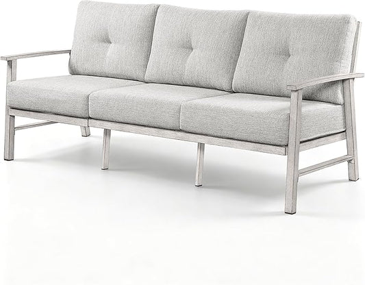 3 Seats Patio Furniture Sofa, Outdoor Aluminum Couch with 5.9'' Soft Cushion, 3-Seater All-Weather Outdoor Patio Furniture Sofa Couch for Balcony, Poolside, Lawn, White Oak