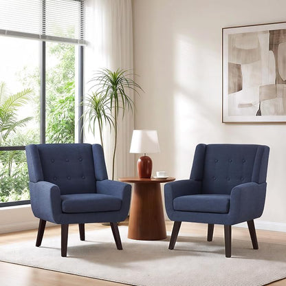 HUIMO Accent Chairs Set of 2,Upholstered Button-Tufted Linen Living Room Chairs,Mid Century Modern Armchair with Fabric,Comfy Arm Chairs for Club Living Room Reading Bedroom,Waiting Room Dark Blue