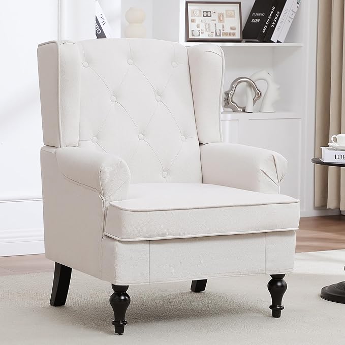 Accent Chair Set of 2, Mid Century Modern Fabric Wingback Chair, Upholstered Armchair with High Back and Vintage Legs, Comfy Single Sofa Side Reading Chair for Living Room Bedroom, Beige