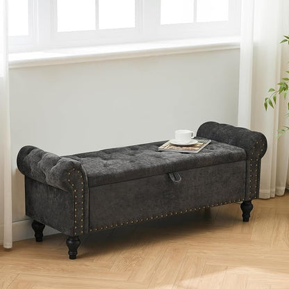 51" Storage Bench for Bedroom, Upholstered Ottoman Bench, Chenille DarkGray | End of Bed Bench for Bedroom, Window Benches for Living Room, Entryway, Ottoman with Large Storage Space, Pet Friendly