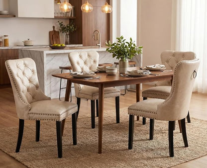 CIMOTA Beige Leather Dining Chairs Set of 4 Mid Century Modern Dining Room Chairs Tufted Upholstered Kitchen Dining Chairs Comfortable Side Chairs with Nailhead Trim/Ring Back (PU /4PCS)