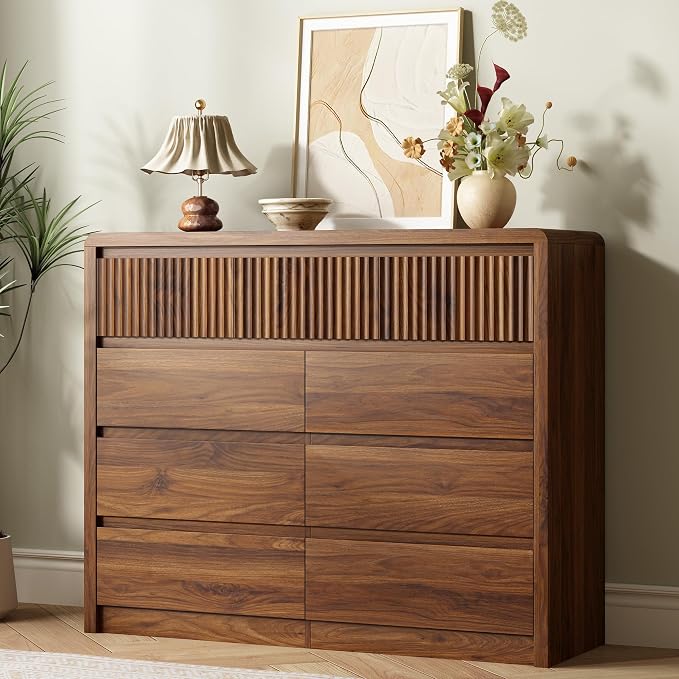 LYNSOM 9 Drawer Dresser for Bedroom, 50" Wide Fluted Dresser with Curved Corners, Wood Dressers & Chests of Drawers with Dual-Panel Design for Bedroom, Entryway, Walnut
