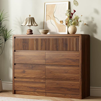 LYNSOM 9 Drawer Dresser for Bedroom, 50" Wide Fluted Dresser with Curved Corners, Wood Dressers & Chests of Drawers with Dual-Panel Design for Bedroom, Entryway, Walnut