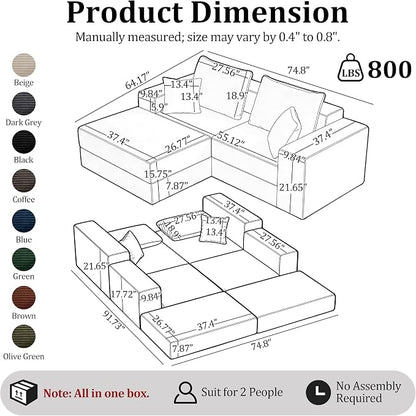 75'' L-Shaped Cloud Modular Sectional Couch with Chaise, Modern Corduroy Memory Foam Sofa Bed, Upholstered Boneless Deep Seat Fluffy Sleeper Sofa, for Living Room, No Assembly Needed (Beige)