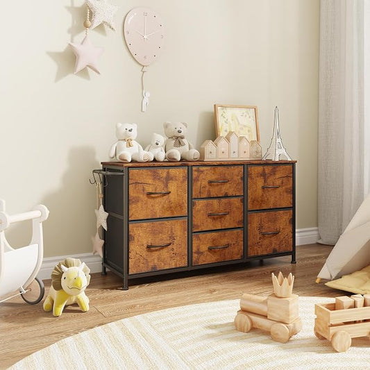Fabric Dresser for Bedroom, Small Dressers for Kids Bedroom, 7 Drawers Dresser for Closet, Storage Organizer Chest of Drawers for Nursery, Dorm, Apartment, TV Stand, Wood Top, Side Hook (Rustic Brown)