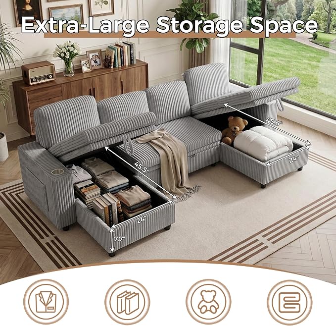Modular Sectional Sleeper Sofa with Pull Out Bed, Plush Corduroy U Shaped Couch with Storage Chaise, USB Ports, Cup Holders, Comfy Cloud Couches for Living Room, Grey