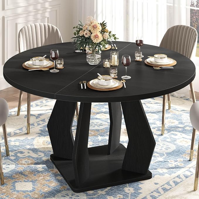 IBF Black Round Dining Table for 4-6, 47 Inch Kitchen Table with Spacious Tabletop Modern Circle Dining Table, Wood Dinner Table Pedestal Base for Dining Room, Kitchen,Living Room,Office
