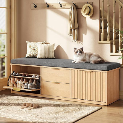 59" Storage Bench with Cushion and Flip Drawer, 2-Tier Entryway Bench with Storage, Shoe Bench with Cabinet, 2 Storage Drawer, Adjustable Shelf, for Entryway, Bedroom, Living Room, Natural