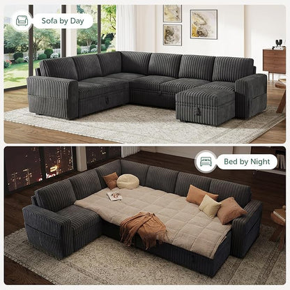 HONBAY Modular Sectional Sleeper Sofa with Pull Out Bed,Corduroy U Shaped Couch with Storage, Sectional Couches for Living Room,Dark Grey