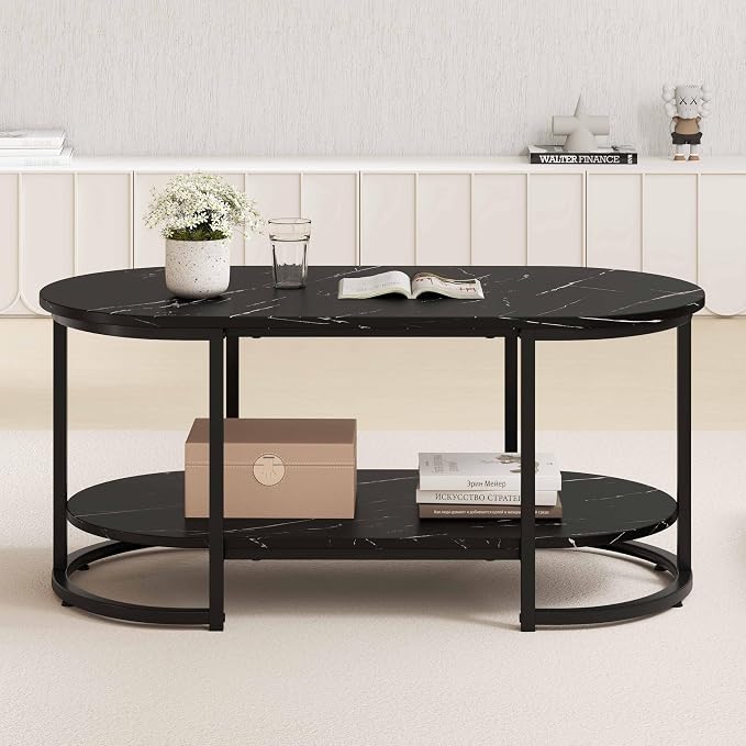 Giantex 2-Tier Coffee Table, Oval Center Table with Faux Marble Top & Open Storage Shelf, Modern Accent Table with Heavy Duty Metal Frame, Cocktail Table for Living Room Reception (Black Marble)