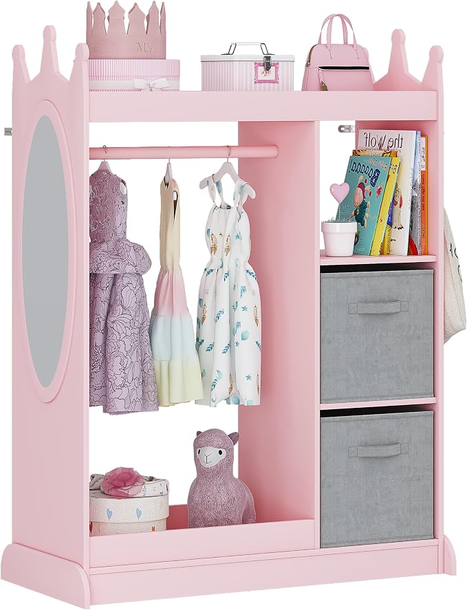 UTEX Kids Armoire Wardrobe Closet with Mirror and Storage Bin, Pink, 33.4 in W x 15.75 in D x 44.5 in H | See and Store Kids Wardrobe, Toddler Dress Up Rack, Open Hanging Armoire Closet, Water-based Paint, Princess Style
