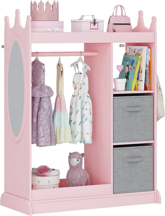 UTEX Kids Armoire Wardrobe Closet with Mirror and Storage Bin, Pink, 33.4 in W x 15.75 in D x 44.5 in H | See and Store Kids Wardrobe, Toddler Dress Up Rack, Open Hanging Armoire Closet, Water-based Paint, Princess Style