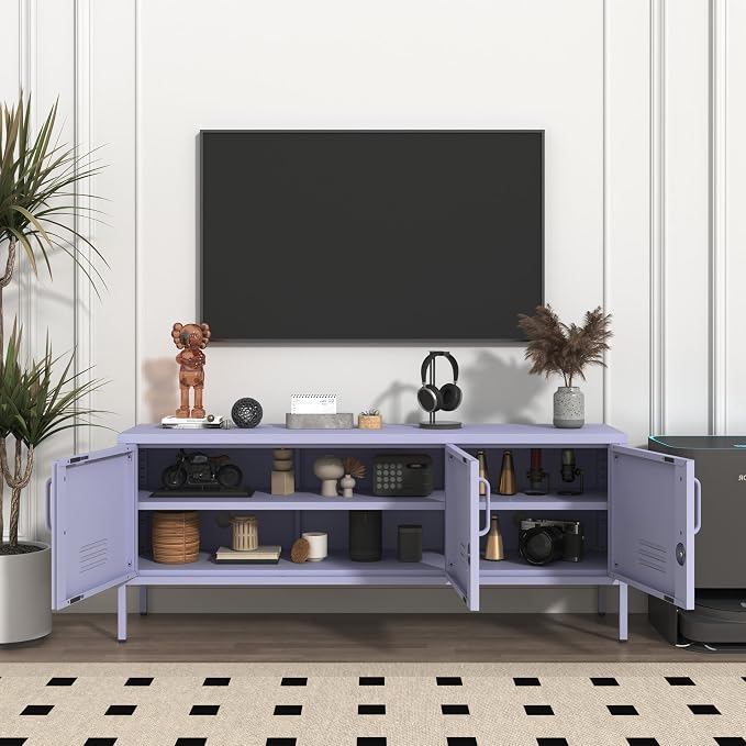 Metal Storage Cabinet with Adjustable Shelves, Wide Lockable TV Stand, Multipurpose Accent Cabinet, Purple Colorful Locker for Home Office Living Room, 22" H x 47.3" x 13.8" D