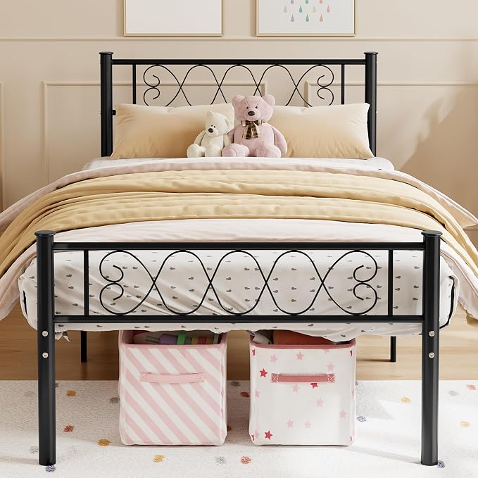 GarveeHome Twin Size Bed Frame, Metal Platform Bed Frame with Headboard and Footboard, 12.2 in Bed Frame with Strong Metal Slats Support, Under Bed Storage, No Box Spring Needed, Black