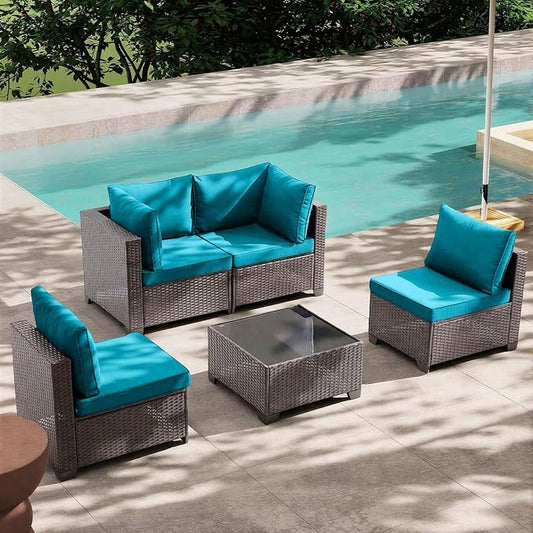MOCHITO 5 Pieces Outdoor Patio Furniture Sets, All-Weather Sectional Sofa Dark Brown PE Rattan Wicker Conversation Set with Glass Table and Washable Turkish Cushions for Backyard,Sunroom,Garden,Porch