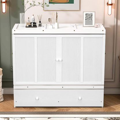 Merax Murphy Bed Cabinet Full Size with Storage Drawers, Chest Cube Bed for Guest Room, Built-in Sockets & USB Ports, for Home Office or Small Bedroom, White