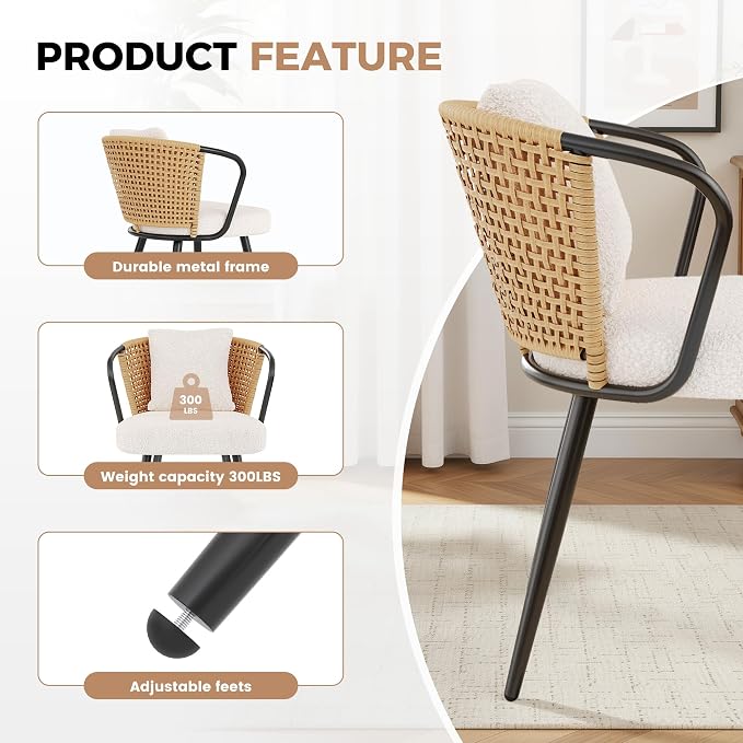 Rattan Dining Chairs Set of 2, Upholstered Kitchen Chair with Metal Legs, Ergonomic Curved Backrest, Mid Century Modern Living Room Chairs with Throw Pillow, Natural