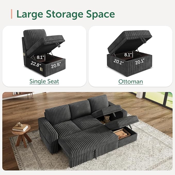 HONBAY Modular Sectional Sofa with Pull Out Bed,Corduroy L Shaped Sleeper Sofa with Storage, Sectional Couches for Living Room,Dark Grey