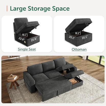 HONBAY Modular Sectional Sofa with Pull Out Bed,Corduroy L Shaped Sleeper Sofa with Storage, Sectional Couches for Living Room,Dark Grey