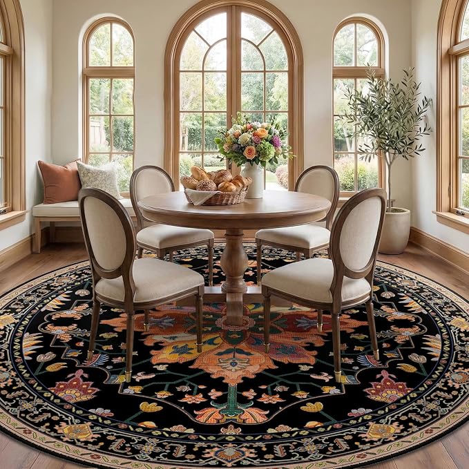 RELEANY Area Rugs Round 10ft Washable Non-Slip, Floral Vintage Distress Medallion Carpet for Living Room Bedroom Dining Room, Black Colorful Floral Dark Tan