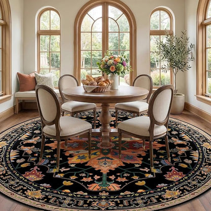 RELEANY Area Rugs Round 10ft Washable Non-Slip, Floral Vintage Distress Medallion Carpet for Living Room Bedroom Dining Room, Black Colorful Floral Dark Tan