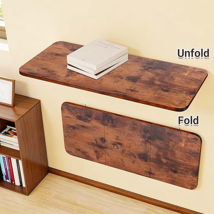 Neoaider Wall Mounted Folding Desk 35.4” x 15.7”, Brown | Drop Down Table with Metal Collapsible Brackets, Folding Wall Table for Small Spaces, Home, Office, Kitchen, Laundry Room
