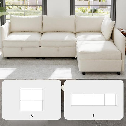 98.5-Inch L-Shaped 4 Seat Modular Sofa Deep Seat Storage Sectional Sofa Couch Free Combination with Storage Space, 4 Seat Chenille Upholstered L-Shaped Convertible Corner Couch for Home Apartment