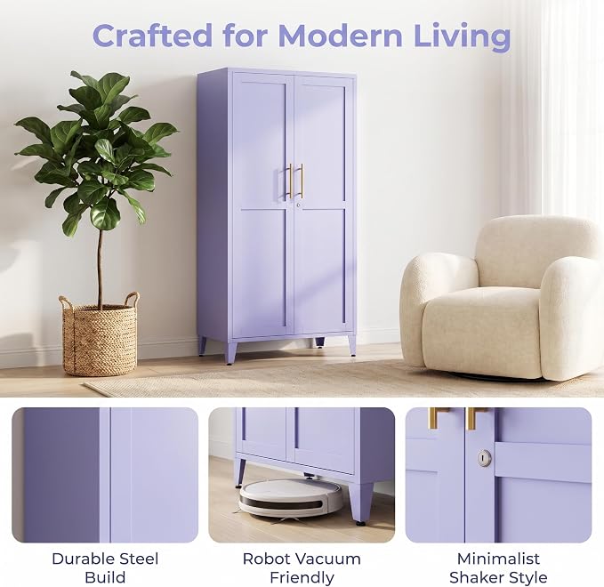 61" H Purple Metal Storage Cabinet with Door and 3 Adjustable Shelves Kitchen Pantry Cabinet with 2 Gold Handles Tall Metal Pantry Cabinet Freestanding Cupboard For Dining Room Living Room Bathroom ﻿