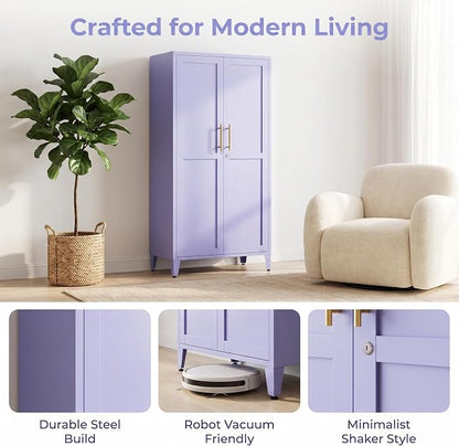 61" H Purple Metal Storage Cabinet with Door and 3 Adjustable Shelves Kitchen Pantry Cabinet with 2 Gold Handles Tall Metal Pantry Cabinet Freestanding Cupboard For Dining Room Living Room Bathroom ﻿