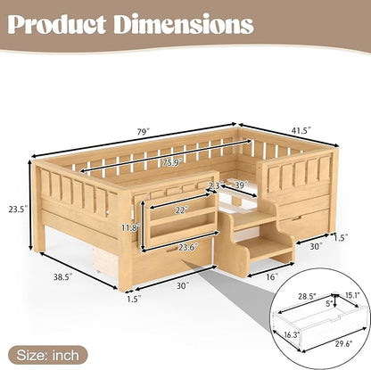 Bellemave Twin Floor Bed with Stairs, Rails and Slats, Twin Size Montessori Floor Bed with Bookshelf and 2 Storage Drawers, Easy Assemble Montessori Beds Frame for Girls, Boys, Light Natural