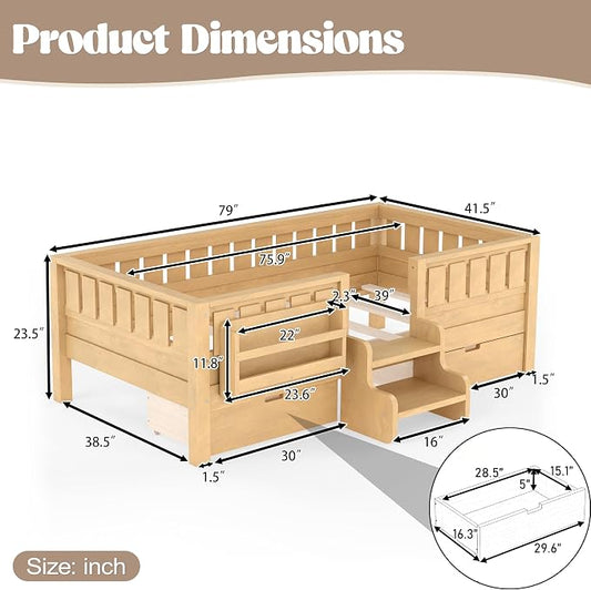 Bellemave Twin Floor Bed with Stairs, Rails and Slats, Twin Size Montessori Floor Bed with Bookshelf and 2 Storage Drawers, Easy Assemble Montessori Beds Frame for Girls, Boys, Light Natural