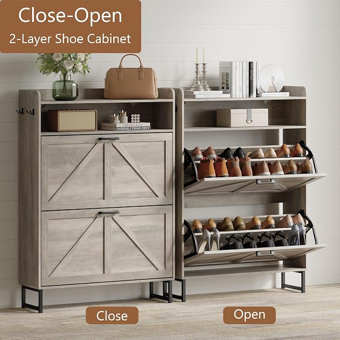 Shoe Cabinet with 2 Flip Drawers, Freestanding Hidden Shoe Storage Organizer for Entryway, Narrow Slim Shoe Rack Cabinet with Open Storage & Hooks for Front Door Entrance, Living Room, Hallway, Grey