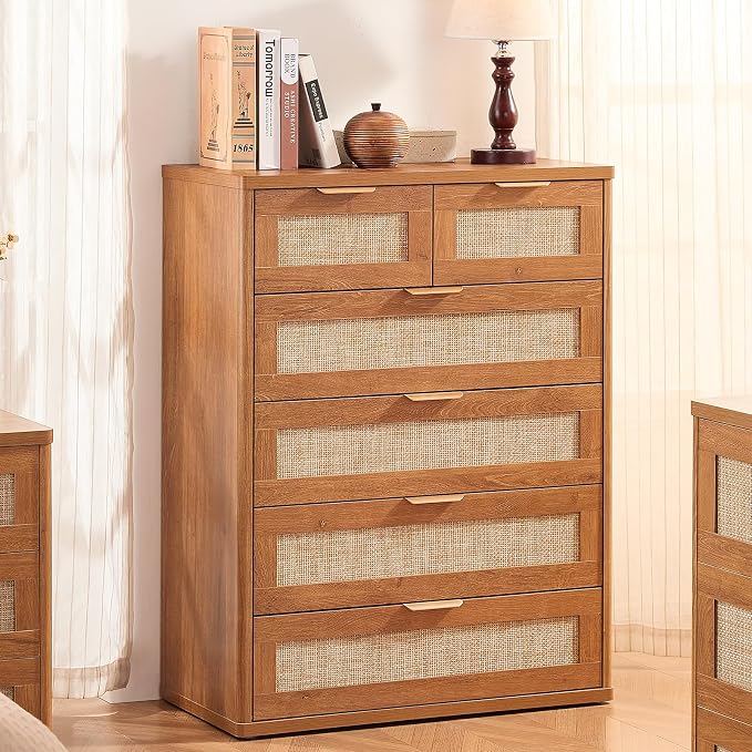 LEYAOYAO Rattan Dresser for Bedroom Set of 2, 41" Tall Chest of Drawers, Modern 6 Drawers Boho Dressers with Storage, Vintage Brown Dresser Wooden Closet Organizer for Living Room, Hallway