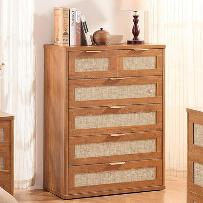 LEYAOYAO Rattan Dresser for Bedroom Set of 2, 41" Tall Chest of Drawers, Modern 6 Drawers Boho Dressers with Storage, Vintage Brown Dresser Wooden Closet Organizer for Living Room, Hallway