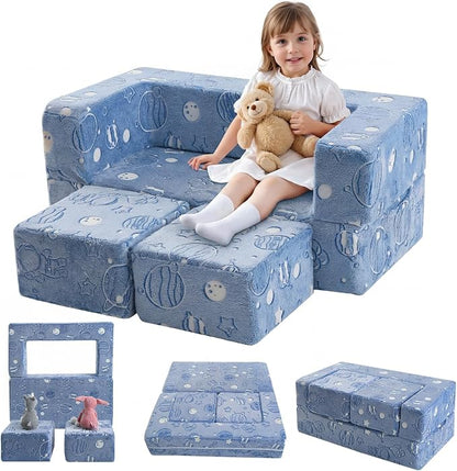MeMoreCool Modular Kids Sofa, Glow in The Dark Space Kids Play Couch Sofa, Blue Fold-Out Foam Lounger Chair for Girls and Boys, Bedroom and Playroom