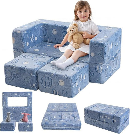 MeMoreCool Modular Kids Sofa, Glow in The Dark Space Kids Play Couch Sofa, Blue Fold-Out Foam Lounger Chair for Girls and Boys, Bedroom and Playroom